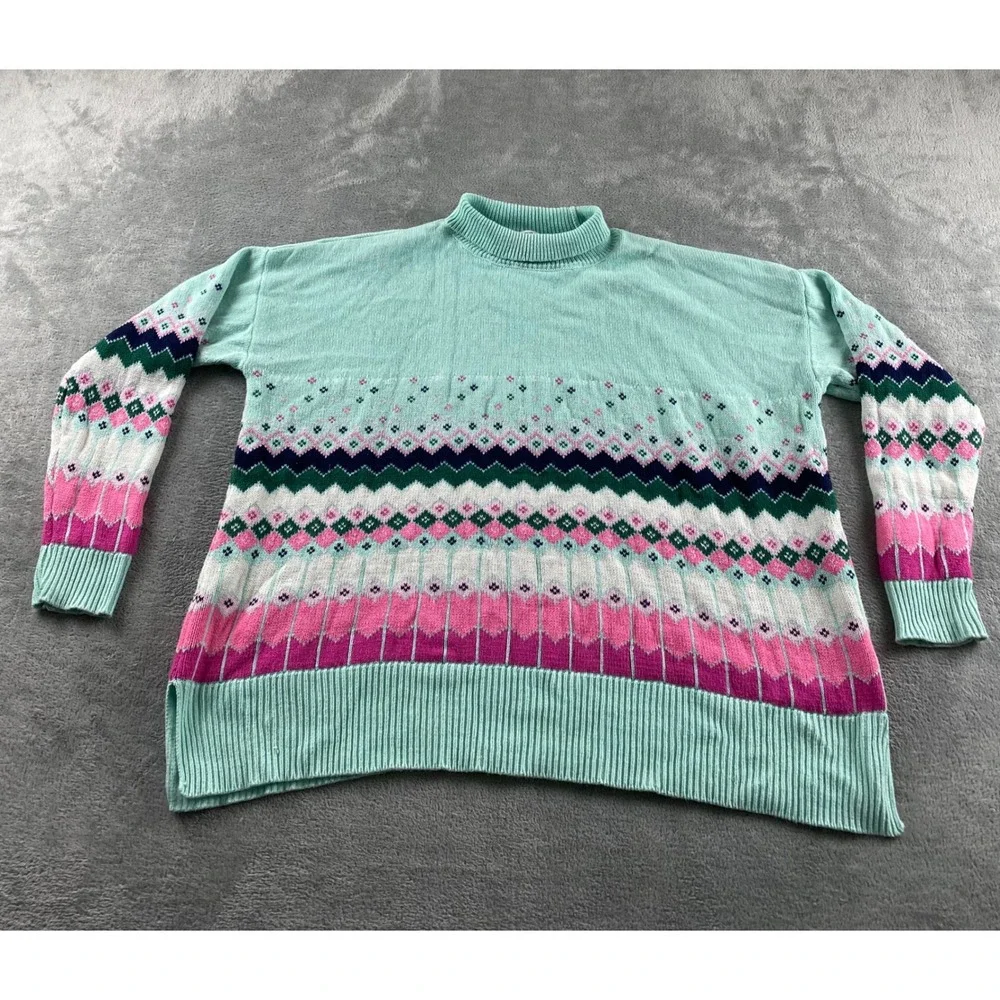 Crown & Ivy Womens Mint Green Fair Isle Mock Neck Knit Sweater Size Medium